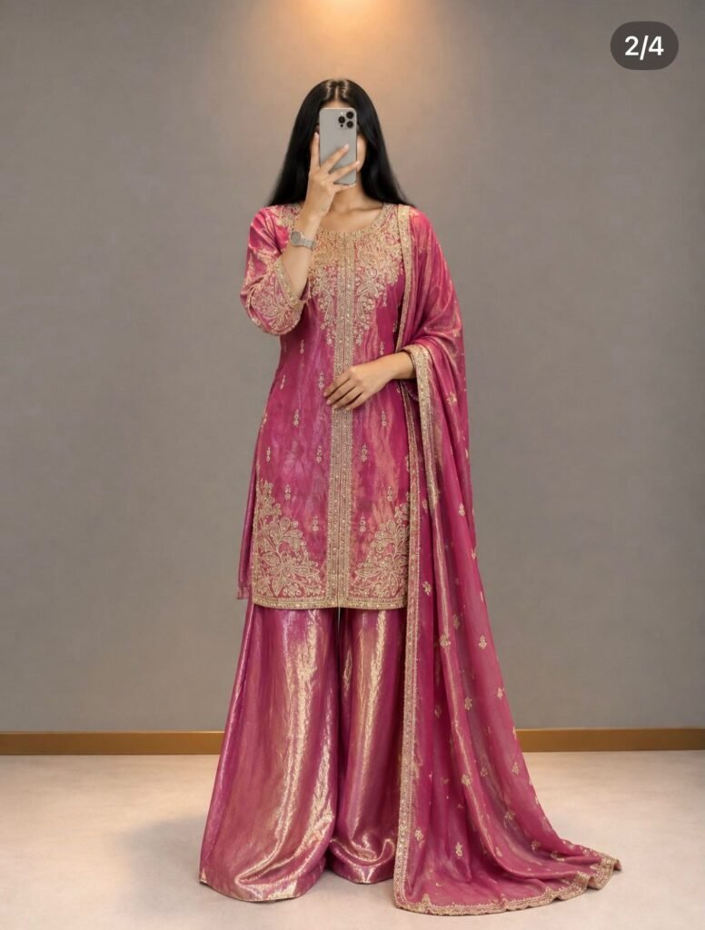 Magenta Pink Gold Zari Embroidered Sharara Set (Set of 3)