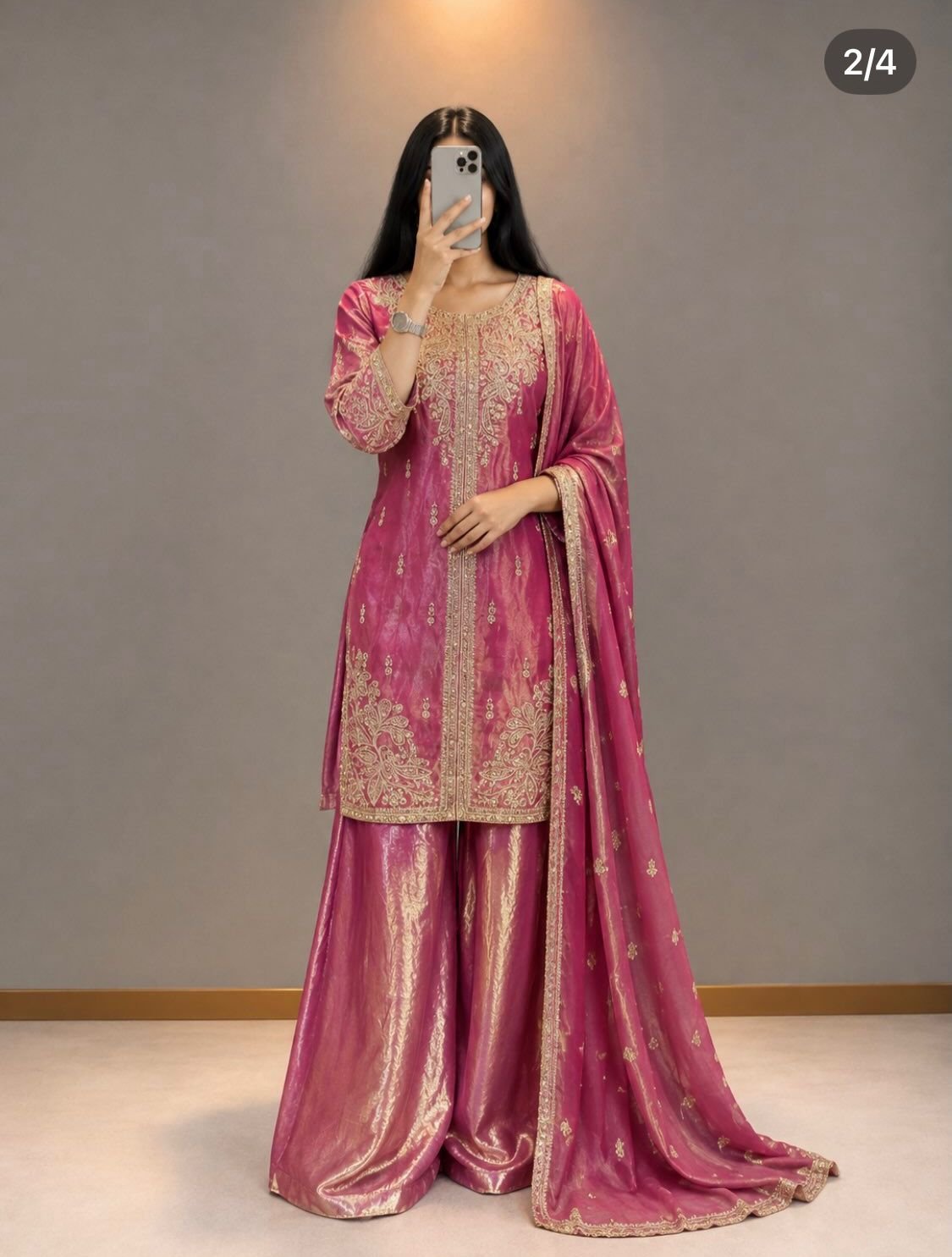 Magenta Pink Gold Zari Embroidered Sharara Set (Set of 3)
