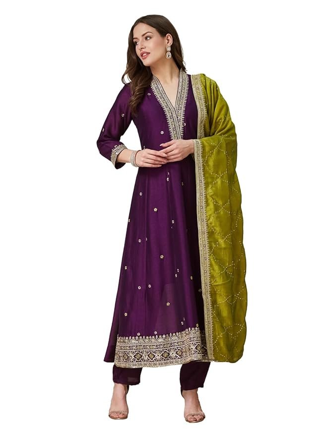 Ruby Women’s Silk Embroidery Anarkali Kurta Pant with Dupatta. - Image 14