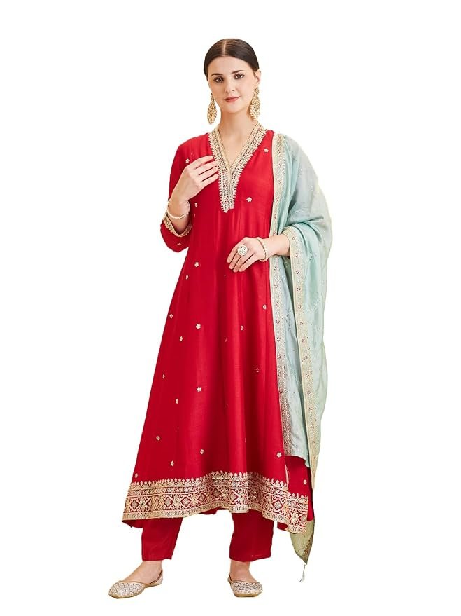 Ruby Women’s Silk Embroidery Anarkali Kurta Pant with Dupatta. - Image 10