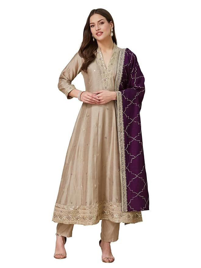 Ruby Women’s Silk Embroidery Anarkali Kurta Pant with Dupatta.