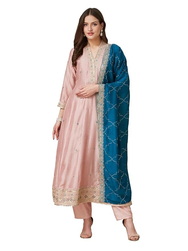 Ruby Women’s Silk Embroidery Anarkali Kurta Pant with Dupatta. - Image 5