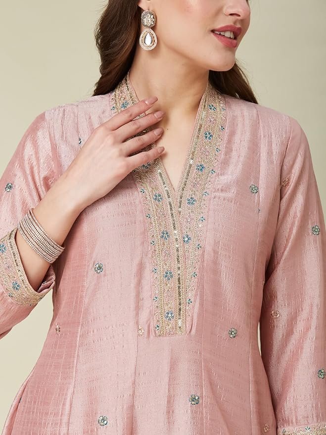 Ruby Women’s Silk Embroidery Anarkali Kurta Pant with Dupatta. - Image 9