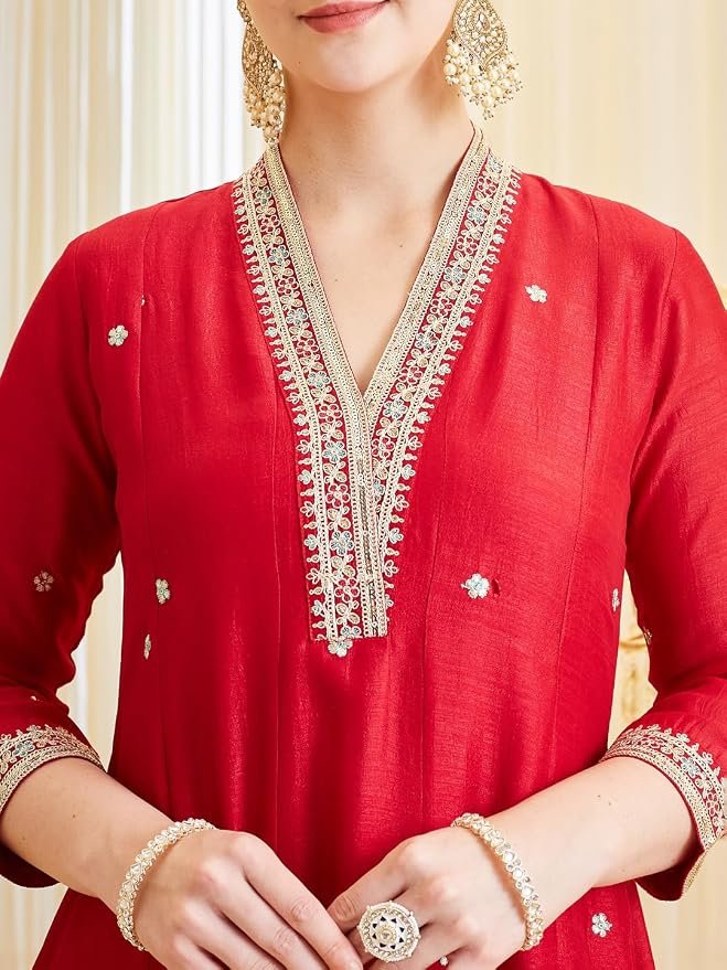Ruby Women’s Silk Embroidery Anarkali Kurta Pant with Dupatta. - Image 13