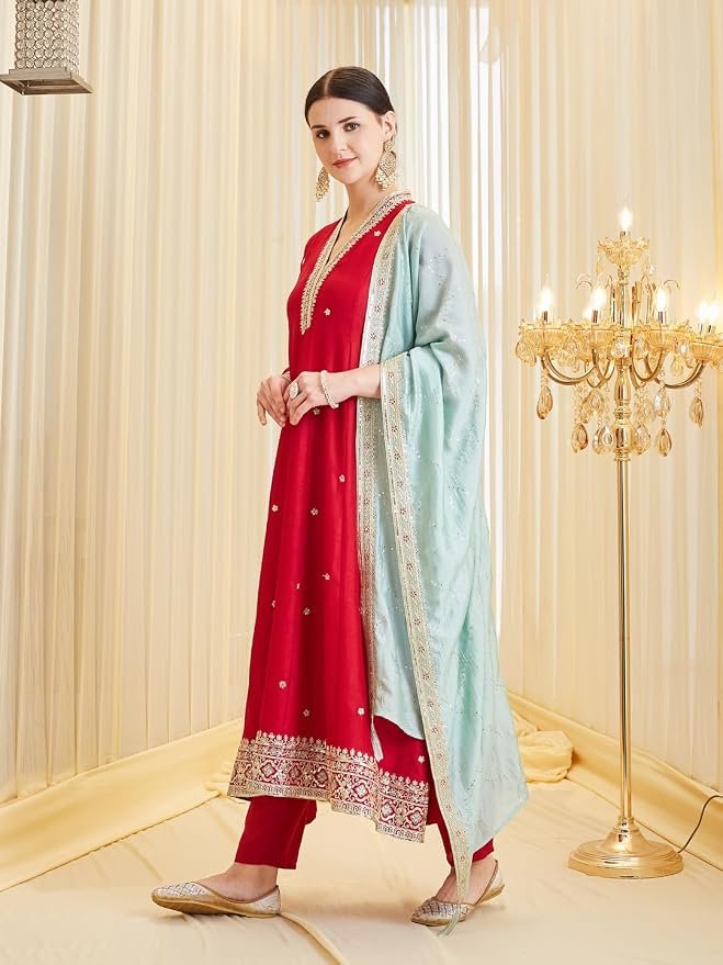 Ruby Women’s Silk Embroidery Anarkali Kurta Pant with Dupatta. - Image 12