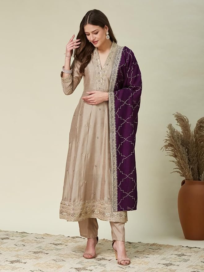Ruby Women’s Silk Embroidery Anarkali Kurta Pant with Dupatta. - Image 3