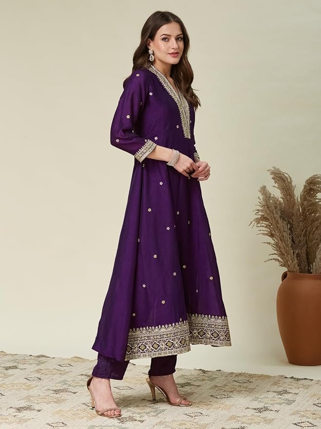 Ruby Women’s Silk Embroidery Anarkali Kurta Pant with Dupatta. - Image 16