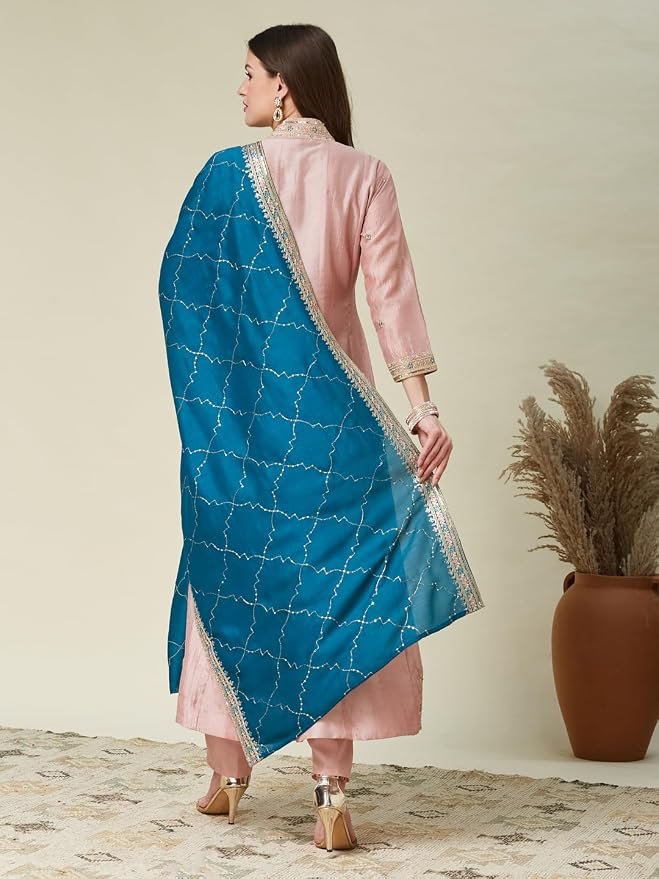Ruby Women’s Silk Embroidery Anarkali Kurta Pant with Dupatta. - Image 8
