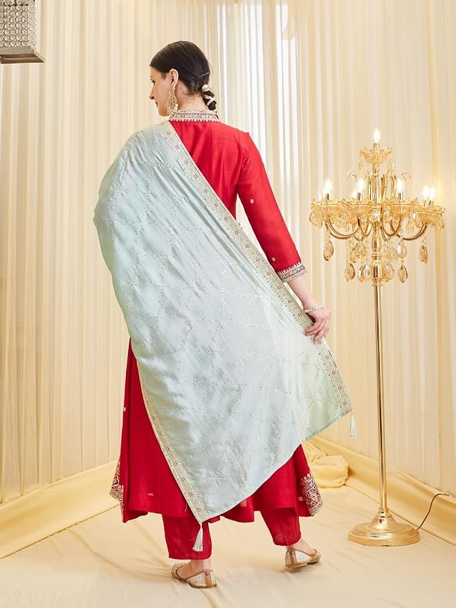 Ruby Women’s Silk Embroidery Anarkali Kurta Pant with Dupatta. - Image 11