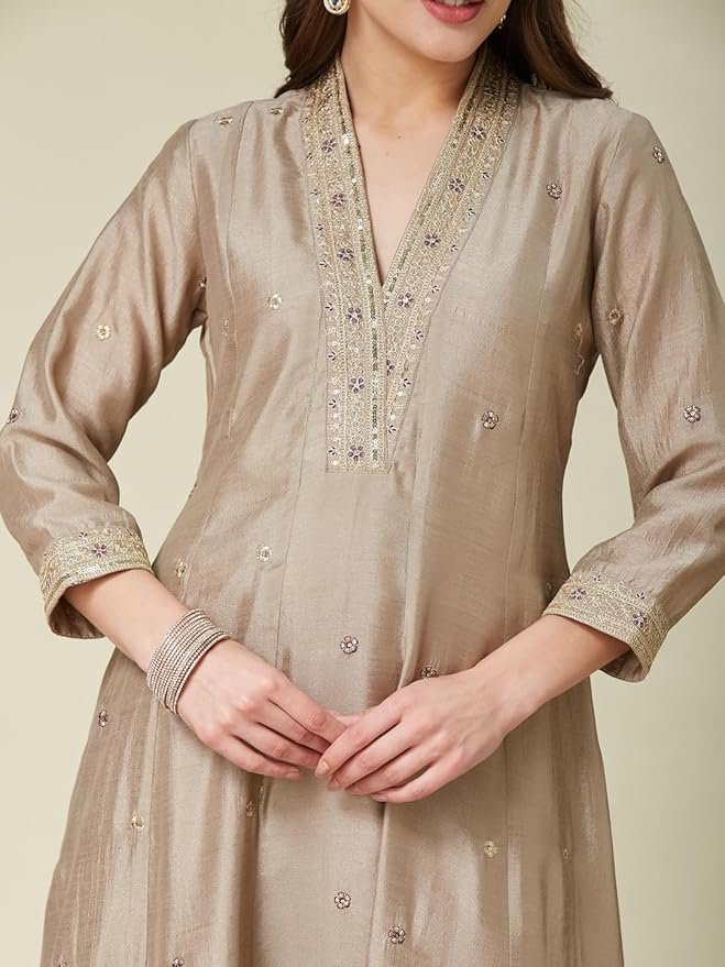 Ruby Women’s Silk Embroidery Anarkali Kurta Pant with Dupatta. - Image 2