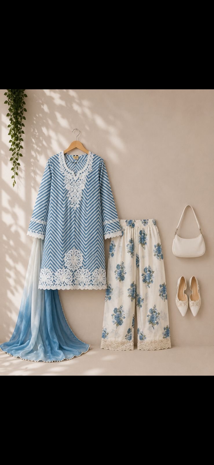 Women's Sky Blue & White Zig-Zag Printed Kurta with Floral Farshi shalwar & Ombre Dupatta Set (3-Piece) - Image 2