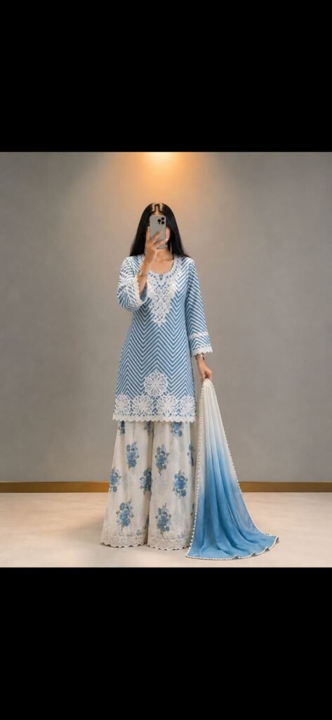 Women's Sky Blue & White Zig-Zag Printed Kurta with Floral Farshi shalwar & Ombre Dupatta Set (3-Piece)