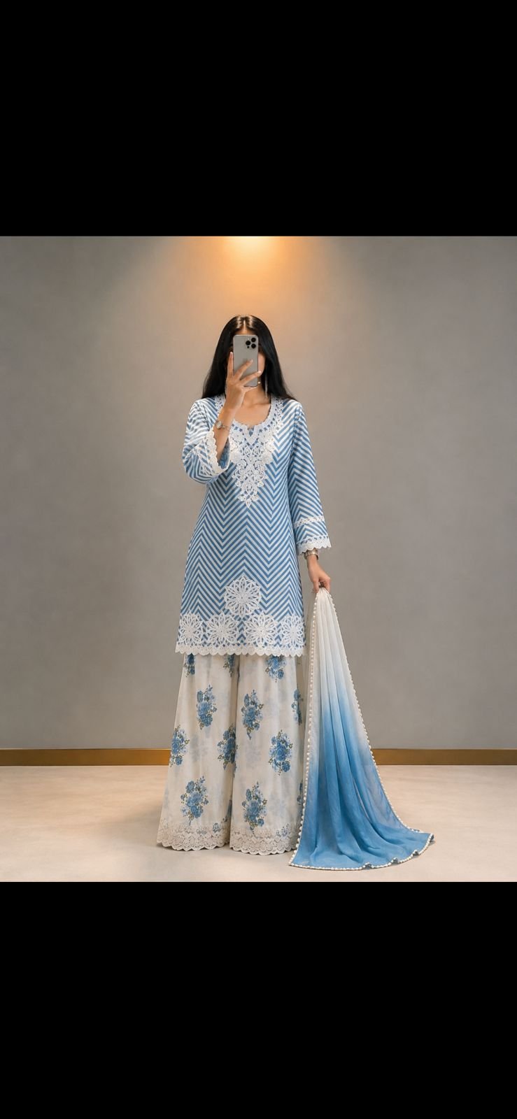 Women's Sky Blue & White Zig-Zag Printed Kurta with Floral Farshi shalwar & Ombre Dupatta Set (3-Piece)